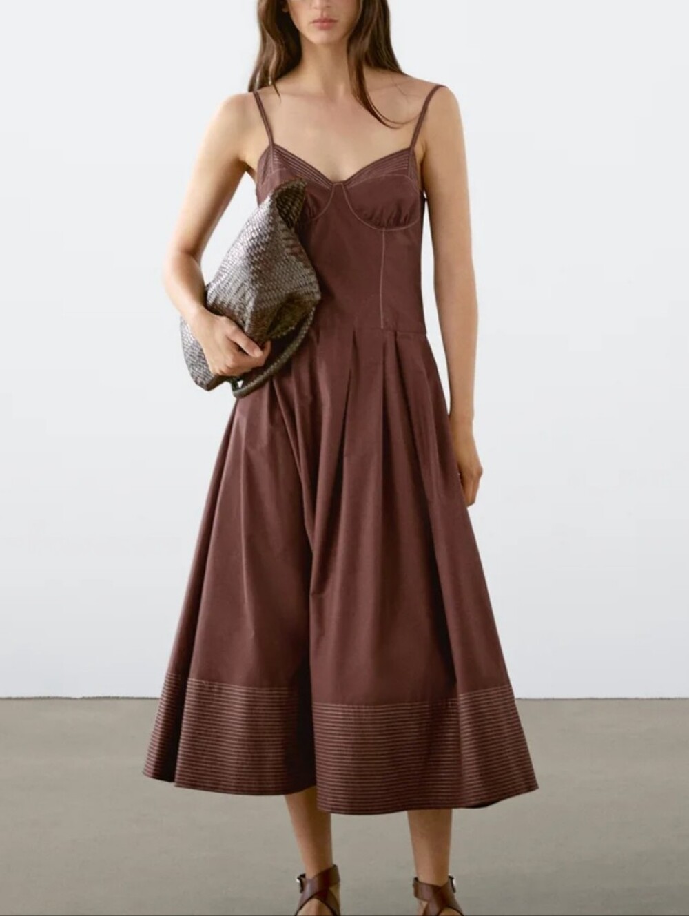 NWT Massimo Dutti Brown Contrast Stitch Corset Bodice Midi Dress Size 42 US 10